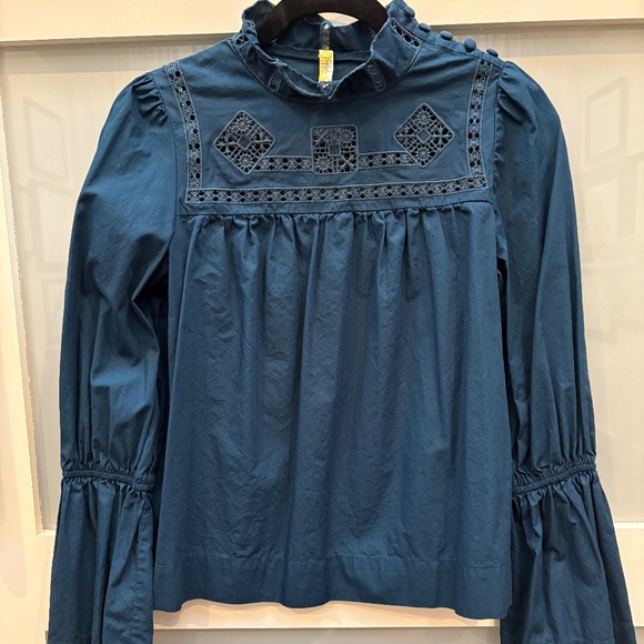 XS Free People Teal Blue Embroidered Flowy Blouse - Picture 1 of 6